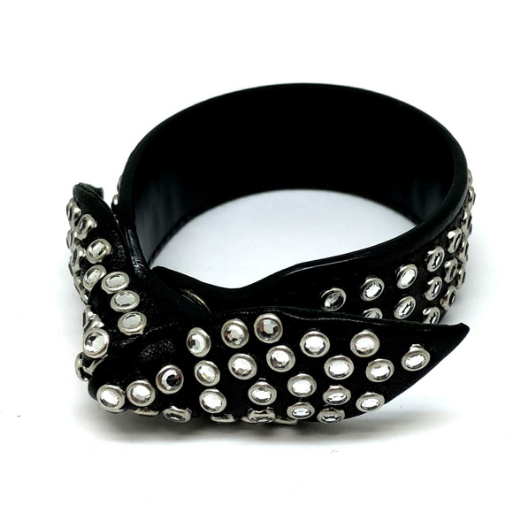 YVES SAINT LAURENT Leather Bracelet Rhinestone Ribbon Motif Women's Accessories - Picture 2 of 8
